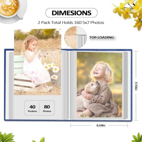 Popotop 2 Pack Photo Album 5x7 Pictures, Small Linen Slip-in Photo Albums Book for 80 Photos with 40 Pockets, Birthday Gifts for Women Mom Family Baby