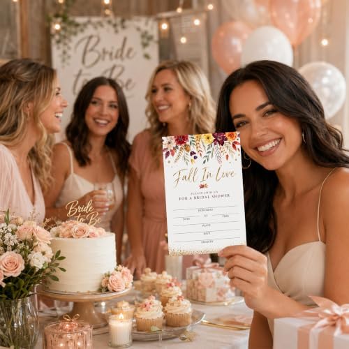 Fall in Love Bridal Shower Invitations, Fill In Style Invites With Envelopes for Fall Wedding Reception, Watercolor Floral Bridal Shower Invitations, Bride To Be Double-Sided Invite Cards, 4 x 6 Inch Set of 25