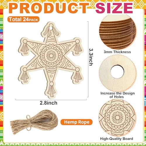 24PCS Wooden Cinco De Mayo Crafts Decorations Mexico Crafts for Kids Fiesta Party Ornaments to Paint, DIY Blank Unfinished Mexican Theme Carnival Cutouts for Tree Hanging Taco Birthday Party