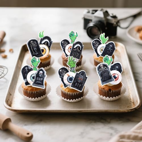 72 PCS Edible Halloween Cupcake Toppers Wafer Paper Skeleton Graveyard Tombstone Cupcake Picks Edible Horror Eyeballs Zombie Hands Cake Decorations for Halloween Theme Birthday Spooky Party Supplies