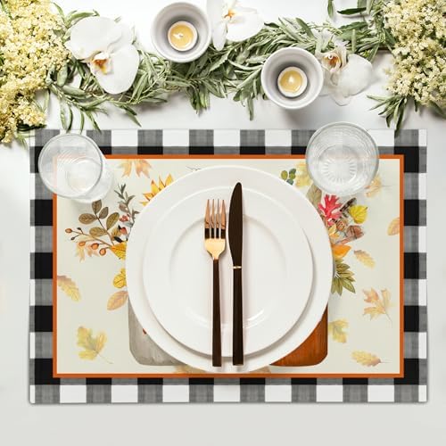 Fall Placemats Set of 4 18x12 Inch Autumn Flower Leaf Linen Place Mats Heat-Resistant Washable Wipeable Buffalo Check Plaid Table Mat for Party Kitchen Dining Room Dinner Decor