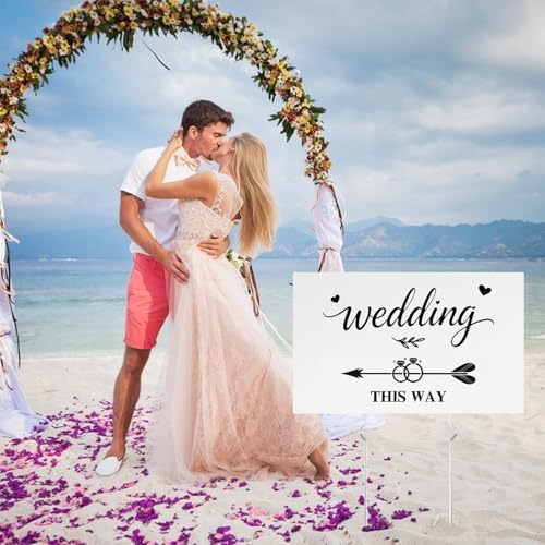 9 PCS Wedding This Way Sign Kit,Double Sided Wedding Direction Arrow & Parking signs with Metal Stakes, Wedding Signs for Ceremony,Reception, and Parking Area Outdoor Yard Lawn