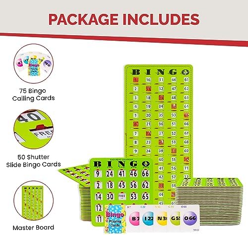 MR CHIPS Complete Bingo Game Set with Jam-Proof Shutter Cards – Easy Read Green Edition – 50 Reusable Large Print Bingo Cards with Sliding Windows, Master Board & Calling Cards – No Chips Needed