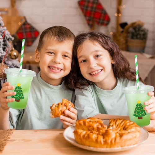 Whaline 50Pcs 12Oz Christmas Disposable Plastic Cups with Lids and Straws Colorful Light Bulb Xmas Tree Cold Beverage Drinking Cups for Holiday Birthday Party Supplies