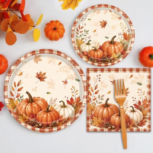 96 Pieces Fall Pumpkin Plates and Napkins, Autumn Thanksgiving Theme Maple Leaf Disposable Tableware with Paper Plates Napkins and Forks for Autumn Harves Thanksgiving Party Supplies - Serves 24