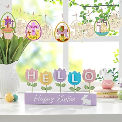 36PCS Wooden Easter Ornaments to Paint, Christian DIY Blank Unfinished Wood Egg Cutouts for Crafts Hanging Decorations Happy Easter Hallow Cross He is Risen Jesus is Alive Rabbit Religious Lily