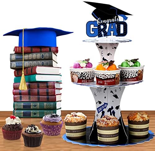 Nuenen Graduation Cupcake Holder Decoration 3 Tier Congrats Grad Party Cupcake Stand Tower Cardboard Grad Theme Dessert Stand for Graduation Party Supplies Favors(Blue and Black)