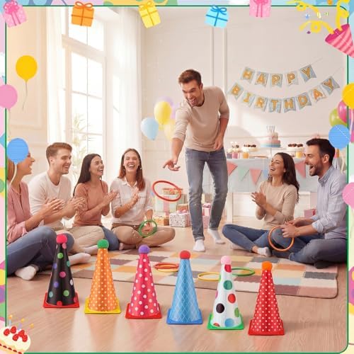 Seenelling 24 Pcs Plastic Ring Toss Game, Birthday Party Game 6 Birthday Hat Cones and 18 Colorful Rings Outdoor Sport Toss Toys Backyard Lawn Cone and Ring for Family Party Activities