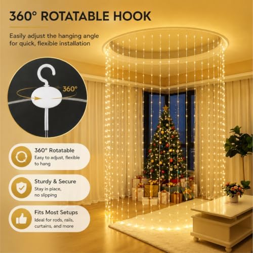 HXWEIYE 300LED Fairy Curtain Lights, 9.8x9.8Ft USB, Remote, Tangle-Free