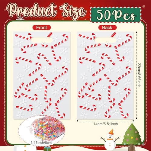 Engrowtic 50 Pcs Christmas Treat Bags Resealable Christmas Zipper Bags Candy Cane Plastic Gift Bag Holiday Bag with Handles for Xmas Party Favor Wrapping Supplies