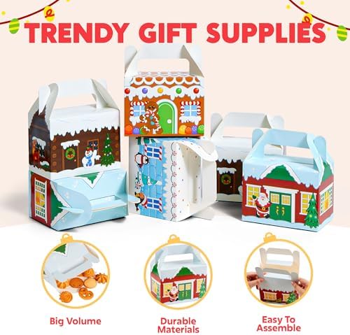 JOYIN 24 PCS 3D Christmas House Cardboard Treat Boxes for Holiday Xmas Goody Gift, Goodie Paper Boxes, School Classroom Party Favor Supplies, 4 Designs Candy Treat Cardboard Cookie Boxes