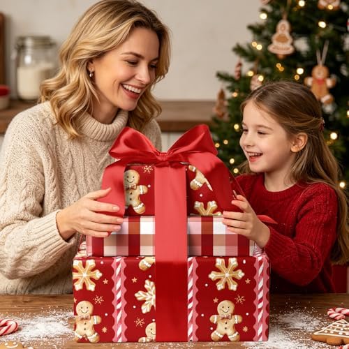 BIOBROWN Christmas Wrapping Paper Red Gingerbread Man & Plaid Design