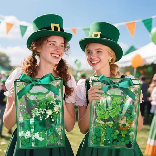 Capoda 24 Pack St Patrick's Day Shamrock Gift Bags with Handles Clover Party Favor Bag Reusable Plastic St Patricks Goodie Bags, 10x7x3 Inch Lucky Clover Treat Bag for Holiday Party Supplies