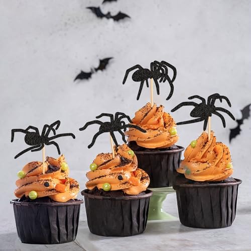 Ercadio 32Pcs Glitter Black Spiders Cupcake Topper Halloween Spider Cupcake Picks Horrible Animal Food Picks for Halloween Spider Birthday Cupcake Decoration Halloween Party Supplies