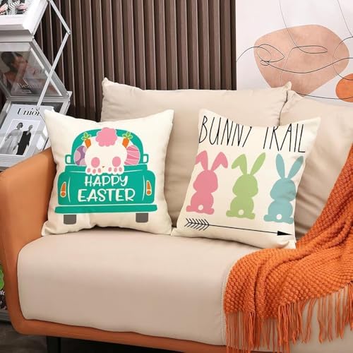 Hongsome Easter Decor-Throw Pillow Covers 20x20in Set of 4,Spring Linen Pillow Case with Bunny and Egg for Large Couch Sofa Home Indoor Outdoor Holiday Home Decorations