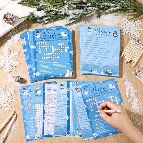 gisgfim 231Pcs Winter Party Games Cards Snowflake Snowman Trivia Word Search Scramble Maze Games Winter Christmas Holiday Party Supplies for School Classroom Family Activity Birthday Favor