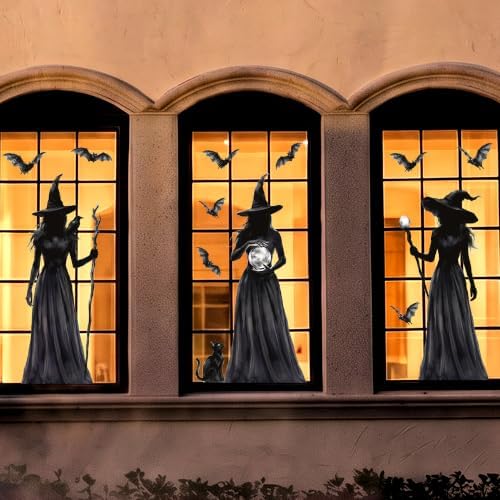 Halloween Decorations Window Clings, 3 Large Witch Window Decals Double Sided Window Clings, Spooky Witch Black Cat Bats Gothic Decor for Glass Windows, Holiday Party Home Indoor Decoration, 3 Sheets
