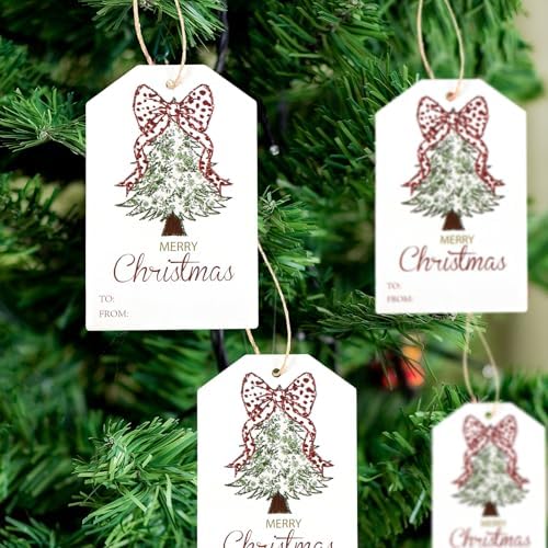Teling 50 Pcs Christmas Gift Tags with String Red Bow Merry Christmas Tags