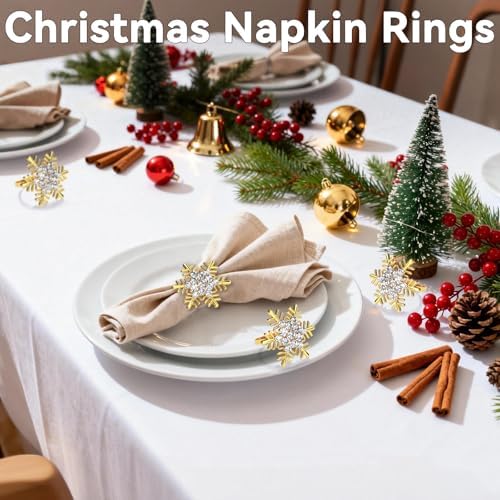 ZeeDix Christmas Gold Snowflake Napkin Rings Set of 6, Napkins Ring for Dinning Table - Rustic Dinner Tables Decoration for Wedding Receptions Christmas Thanksgiving Holiday Party Dinner Parties