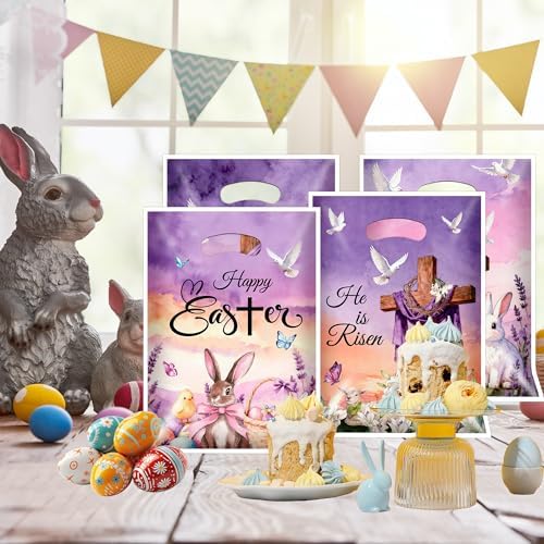 EUVBOKW 100 Pcs Easter Plastic Treat Bags Bulk,He is Risen Christian Goodie Bags and Bunny Party Favor Bags with Handles for Easter Egg Hunt, Church and Gift Wrapping