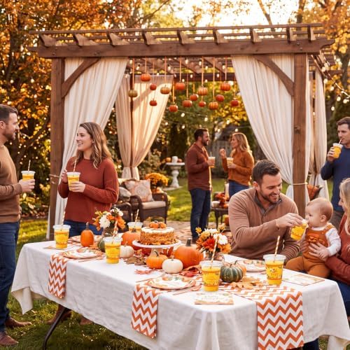 Jingmore 50 Pcs Little Pumpkin Party Disposable Plastic Cups 12 oz with Lids Straws Themed Party Supplies Plastic Tumbler for Birthday Table Decorations Favors(Orange and White)