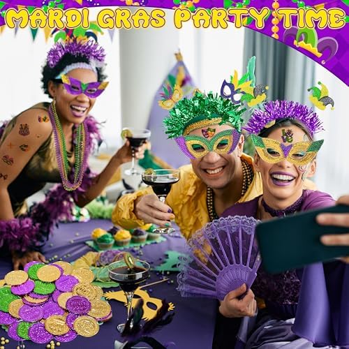 Seifar 172 Pcs Mardi Gras Accessories Set, Purple Green Gold Mardi Gras Beads Necklaces Coins Headbands Bracelets Tattoos for Mardi Gras Masquerade Parade Decor Party Favors Supplies