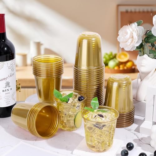 KesaPlan 100Pcs 12oz Gold Plastic Party Cups, Disposable Wine Cocktail Cups