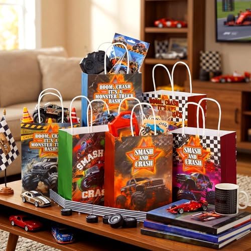 Kolldenn 48 Pcs Monster Truck Goodie Bags with Handles Truck Party Bags