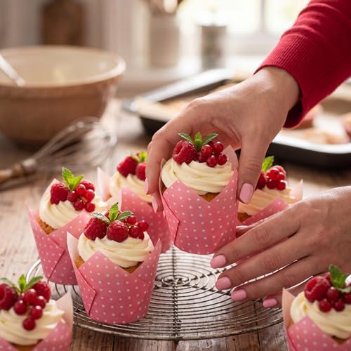 Maxdot 200 Pcs Pink and White Polka Dot Tulip Cupcake Liners for Baking Paper Muffin Baking Cups Tulip Muffin liners Wrappers for Bridal Baby Shower Wedding Birthday Party Decor