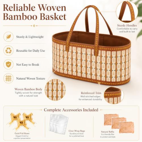 SelfTek 3 Pack Baskets for Gifts Empty, Woven Bamboo Gifts Basket Kit with Wrap Bags, Gift Card, Raffia and Pull Bows, Gifts Baskets for Birthday, Wedding, 35 x 20 x 15 cm - Gold
