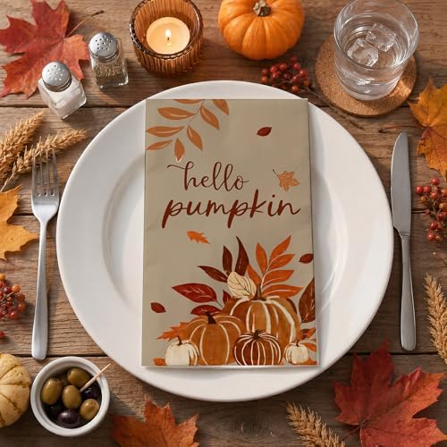 100pcs Fall Pumpkins Disposable Paper Napkins 2-Ply Absorbent Thanksgiving Harvest Autumn Dinner Guest Towels for Fall Party Bathroom Table Decor