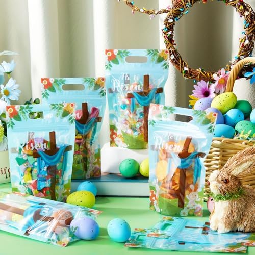Engrowtic 50 Pcs Easter Treat Bags Reusable Easter Zipper Bags He Is Risen Plastic Gift Bag with Cross Bunny Holiday Bag with Handles for Spring Party Favor Wrapping Supplies