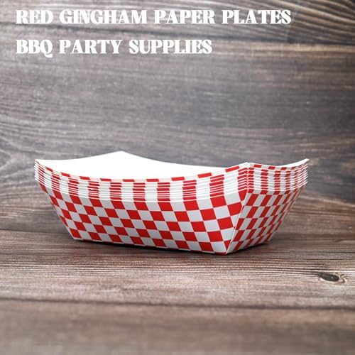 30 Pcs No Folding Required 2lb Gingham Party Supplies Disposable Paper Food Trays for Shower Wedding Tea Party Supplies Nacho Snack (Red)