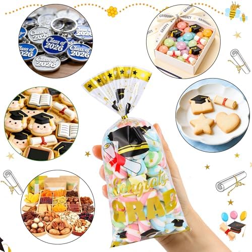100 Pcs Graduation Cellophane Treat Bags - 5" x 11" Congrats Grad Plastic Goodie Bags with 110 Gold Twist Ties for Cookies, Snacks, Party Favors & Gift Packaging, Thick Plastic Candy Bag for Kids