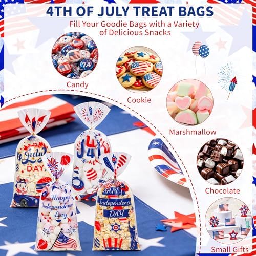 QOIUSO 50 Pcs 4th of July Cellophane Treat Bags - Patriotic Candy Goodie Bags with Gold Twist Ties - Clear Independence Day Party Favor Bags for Cookies, Snacks, Gift Packaging Supplies