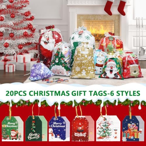 Ergohortus Christmas Drawstring Gift Bags, 20Pcs Christmas Bags for Gifts