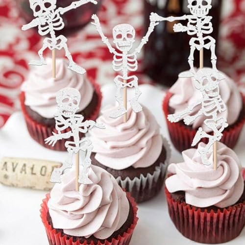 Rsstarxi 30 Pack Halloween Skull Cupcake Toppers Glitter Happy Halloween Theme Skull Dance Cupcake Picks for Baby Shower & Birthday Party Cake Decorations Supplies White