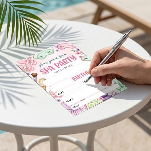 Spa Party Birthday Invitation Girl, Pamper Double-Sided Fill In Style Invites with Envelopes for Birthday, Glam Party Invitation For Girls, Teens, Bday Party Favor & Decoration