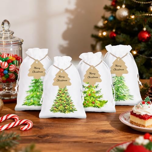 G2PLUS 24Pcs Christmas Drawstring Burlap Gift Bags - 5X7 In Christmas Advent Calendar Bags, 4 Design Xmas Tree Burlap Bag, White Treat Goody Bag for Xmas Holiday Party Favors