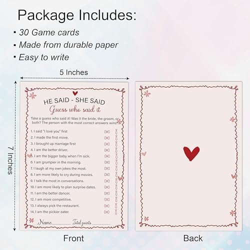 He Said She Said - Pink Bridal Shower Games Cards - 30 Fun Wedding Party Game Cards for Bridal Shower, Engagement, Bachelorette & Newlywed Party, Icebreaker Activity Supplies & Decorations
