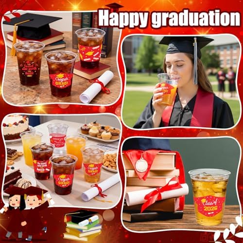 GuassLee Red Gold Graduation Decorations 2026 Party Cups - 50pcs 12 Oz Red and Gold Disposable Graduation Plastic Clear Cups for Drinks Class of 2026 Grad Party Supplies
