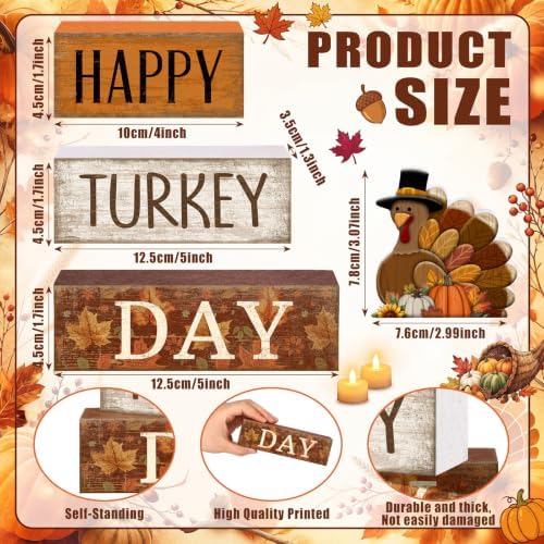 Moucuny 4 Pcs Fall Table Decor Wooden Signs Happy Turkey Day Blocks