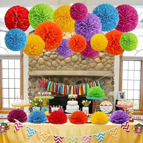 Recosis Fiesta Party Decorations, 18 Pcs Multicolor Paper Pom Poms