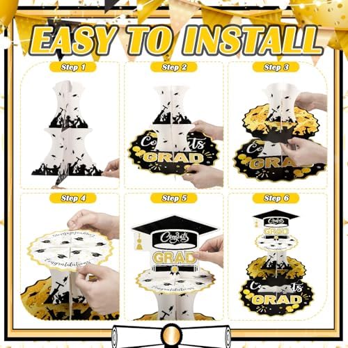 Yungyan 5 Set 2026 Graduation Cupcake Stand and Serving Platters Trays for 50 Cupcakes Black Gold 3 Tier Graduation Cap Cardboard Holder Tower Class of 2026 Congrats Grad Dessert Party Decor Supply