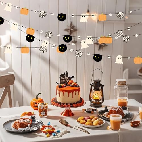 2pcs Halloween Party Banner, 9.84ft Pre-Strung Pumpkin Ghost Spiderweb Skull Black Cat Banner Hanging Summerween Garland Sign for Fall Halloween Boo Birthday Party Decorations