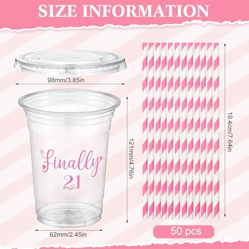 Funnymoom 50 Sets 21st Birthday Cups for Women 16 oz Plastic Cups with Lids and Straws Clear Happy Birthday Disposable Drinking glasses Bulk for Finally 21 Anniversary Party Supplies