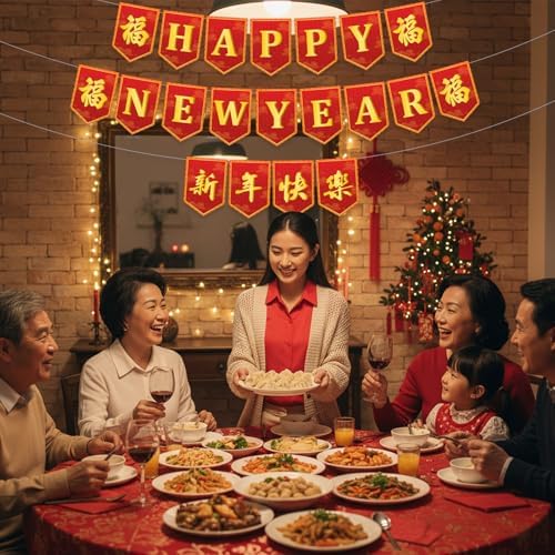 Chinese New Year Decorations 2026 Lunar New Year Banner Red Gold new Years Decorations 16.4Ft 2026 Spring Festival Flag Bunting Garland NYE Eve Party Decoration Backdrop Home Office Indoor Outdoor