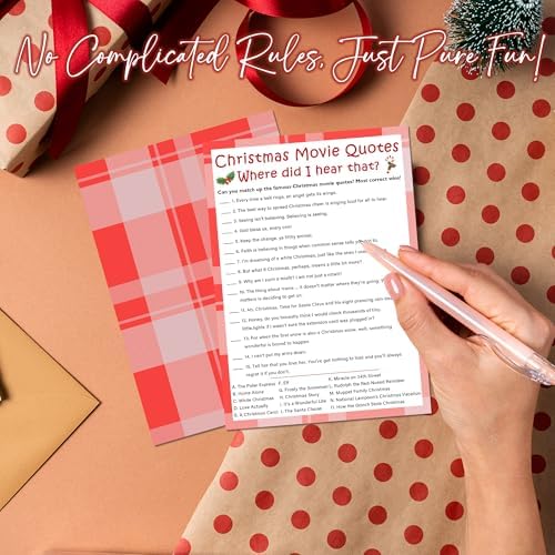 Christmas Movie Quotes Game Card - 20 Game Cards With 1 Answer Card -Film Theme Xmas Party Funny Activity for Family, Adults & Teens - Holiday Christmas Party Supplies & Decoration(Red Plaid)-A01