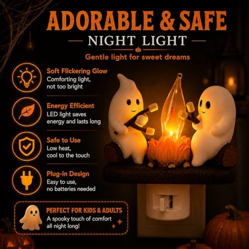 Ghost Campfire Night Light, Plug-in Wall Flickering Flame Nightlight, Halloween 3D Cute Spooky Marshmallow Ghost Decoration for Bedroom, Spooky Season Home Halloween Decor for Kids Adults