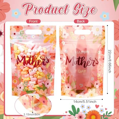 Engrowtic 100 Pcs Mother's Day Plastic Gift Bags with Handles Resealable Pink Flower Mom Candy Treat Goodie Cookie Bags for Happy Mothers Day Party Favor Wrapping Supplies